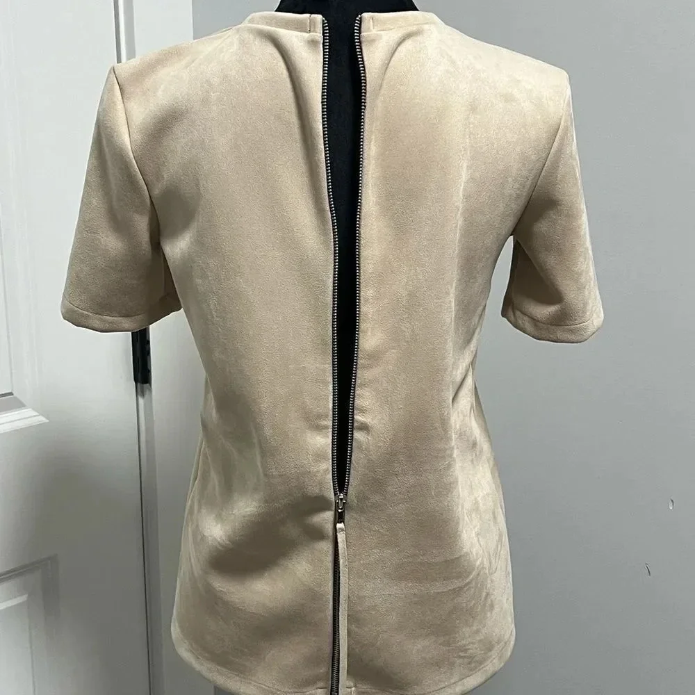 Zara Camel faux suede top with full back zipper short sleeves size Small - Picture 5 of 7